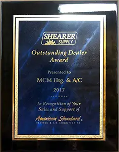 Outstanding Dealer Award from American Standard Heating & Cooling